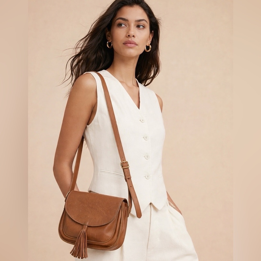 Able Leather Crossbody Bag with Tassels Brown Tan